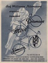 Gemeinsame Anzeige für Fahrräder der Hersteller Diamant, Mifa, Möve und Simson, Mai 1956.