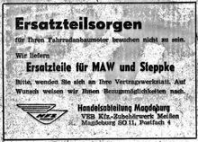 Anzeige in der NEUEN ZEIT vom 12. April 1964: Die Ersatzteilversorgung war auch nach Produktionsende des MAW-Hilfsmotors gewährleistet.