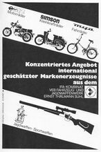 Anzeige für Produkte des IFA-Kombinates VEB Fahrzeug- und Jagdwaffenwerk Ernst Thälmann Suhl, 1973.