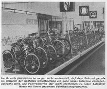 Präsentation der Fahrradwerke Mifa, Diamant und Möve auf der Leipziger Frühjahrsmesse 1960 mit ihrem spezialisiertem Sortiment nach der Sortimentsbereinigung.