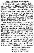 "Den Kunden verärgert" - Leserbrief im Neuen Deutschland vom 18. September 1955 zum mangelhaften Zubehör-Ölkännchen bei einem Möve-Fahrrad.