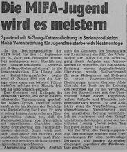 Zeitungsmeldung vom 16. September 1982 zum Produktionsbeginn des neuen Sportrads.