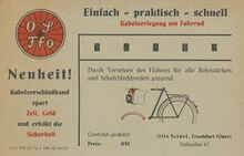 Werbekarte von Otto Seidel für Kabelverschlussbänder am Rahmen und Klammern am Schutzblech (1957).
