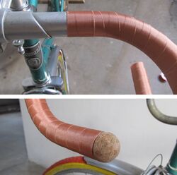 8. Abschluss Beim Übergang vom ersten Bogen zu dem nach innen führenden Bogen wird die Überlappung schrittweise angepasst. Am Abschluss wird das Band noch ein- oder zweimal gerade um den Lenker gewickelt und auf der Rück- oder Unterseite des Lenkers gerade abgeschnitten. Auf ein Abschlussband kann so verzichtet werden. Am Lenkerende wird das überstehende Band nach innen gestülpt und das offene Ende mit einem Lenkerkorken verschlossen.