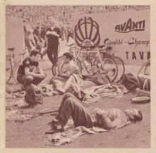 AVANTI-Werbetafel im Hallenser Kurt-Wabbel-Stadion zur Friedensfahrt, Mai 1960.