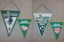 Wimpel der BSG Sangerhausen und zum 15. Internationalen Radballtournier Sangerhausen 1977.