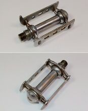 Rennpedale in Kastenausführung (neue Ausführung) Zeitraum: 19xx bis 1990 Hersteller: VEB Zweiradzubehör Benshausen Verwendung: Diamant Modell 35 708 Material: Stahl (verchromt; später verzinkt) Bemerkungen: aufgepresste Staubkappe; vier Ösen für Zugriemen (Symmetrie für einfachere Produktion)