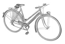 Abbildung des Modells 209 in einem englischsprachigen Prospekt, vrmtl. 1956. Bereits mit überarbeitetem Rahmendekor, jedoch ebenfalls mit dem bemerkenswerten Kettenblatt und Ledersattel ausgestattet. Der Kettenschutz ist hier zweifach durchbrochen.