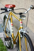 Nunmehr mit schwarzer Schrift auf dem Dekor. Ungewöhnlich ist der Bremshebel aus Kunststoff, dieser wurde üblicherweise nur in Verbindung mit Reifenbremsen verwendet.