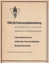 Anzeige des VEB Fahrzeugbeleuchtung Klingenthal im Katalog zur Leipziger Frühjahrsmesse 1959.