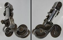 Modell PWB (für Leerlaufritzel) Zeitraum: spätestens 1968 bis 197x Verwendung: Diamant-Rennräder Material: Stahl (verchromt) Bemerkungen: für Fahrräder mit Leerlaufritzel (Drehpunkt zwischen den Kettenleitrollen)