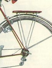 Sportgepäckträger Zeitraum: 1956-1959 Verwendung: Diamant Modelle 208 und 209 Hersteller: vrmtl. Diamant Material: Aluminium, lackiert, Streben blank Bekannte Farben: entsprechend der Rahmenfarbe Bemerkungen: Befestigung am Schutzblech. Wenig belastbar - bei den meisten heute existierenden Exemplaren fehlt daher der originale Gepäckträger.