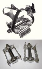 Rennpedale in Kastenausführung "Infesto Nr. 800" Zeitraum: 1956 bis mind. 1966 Hersteller: Infesto Verwendung: Diamant Rennräder Material: Stahl (verchromt) Bemerkungen: mit Pedalhaken und Zugriemen; geschraubte Staubkappe; hohlgebohrte Pedalachse, Trittfläche 70x53 mm