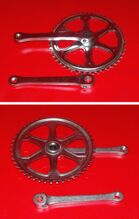 Kettenblatt für Getriebe-Typ 8041 S Zeitraum: 198x bis 1990 Verwendung: Klappräder (1990) und Sporträder (1987 bis 1990) Material: Stahl (verchromt) Größe: 48 Zähne Zahnbreite: 2,8 mm bzw. 2,1 mm (für 3/32"-Kette) Bemerkungen: 6 Bohrungen (Möglichkeit zur Anbringung eines Kettenschutzrings)