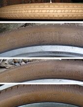 Tourenreifen Zeitraum: 1966-1968 Breite: 1.75 Für Laufradgrößen 28", 26", 24", 20" Verwendung: Touren(sport)räder, Klappräder, Kinderräder Bekannte Farben: beige (Bild), schwarz Bemerkungen: Hier in 20" von einem Klapprad (1967).