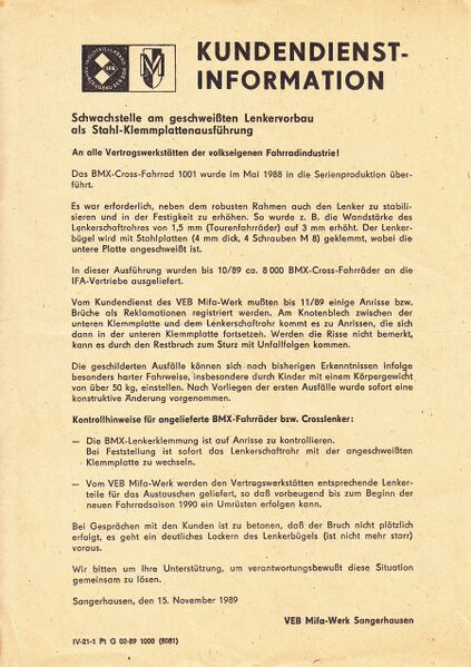 Datei:Kundendienstinformation zum Lenkervorbau Mifa BMX 1989.jpg