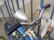 Kinderrad-Lenker von Mifa Zeitraum: hier: 1966 Verwendung: Mifa Kinderräder (20") Material: Stahl, verchromt Breite: Schaftlänge: Bemerkungen: mit Kunststoff-Verbindung zwischen Lenkerbügel und -schaft.