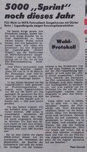 Notiz zur Produktion von MIFA Sprint-Fahrrädern in der Tageszeitung Junge Welt vom 8. November 1987. Die Produktion begann im Sommer 1987. Im November 1987 wurden täglich rund 380 Sprint-Fahrräder gefertigt. Für 1988 war die Produktion von taglich mindestens 420 Stück geplant.
