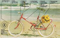 Hier ein Auszug aus einem Prospekt von 1974, der einige technische Details erläutert. Generell waren die Prospekte wenig informativ. Dafür erfährt man aber, dass das Klapprad 1972 mit einer Goldmedaille ausgezeichnet wurde.
