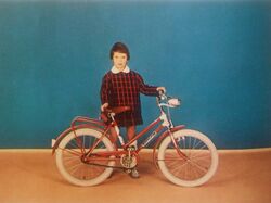 Diese Katalogabbildung von 1967 zeigt das Kinderfahrrad hingegen mit lackierten Stahlschutzblechen.