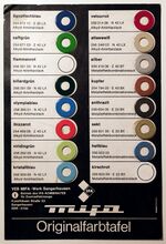 "Originalfarbtafel" für die bei Mifa verwendeten Fahrradlacke. Zeitraum: nach 1980.
