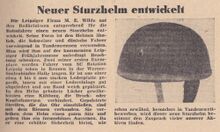 Notiz über einen neuentwickelten Sturzhelm für Bahnradfahrer in der Radsportwoche, 1956.