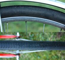 Sportreifen Zeitraum: 1987-1990 Breite: 1 3/8 (37 mm) Für Laufradgröße: 28" Verwendung: Mifa Modelle 207, 257, 208 Bemerkungen: geringfügig breiter und höher, jedoch mit identischem Profil wie übliche Sportreifen.