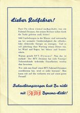 Prospekt zum RFT-Fahrraddynamo von 1953, Seite 2.