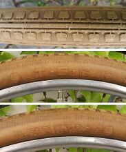 Zeitraum: 1950er Jahre bis mindestens 1964 Größen: 26x1,75; 28x1,75 Art: Drahtreifen Profil Nr. 3 Farbe: beige (im Bild), schwarz Verwendung: Touren- und Tourensporträder Bemerkungen: Reifen mit diesem Profil gab es auch später noch mit Kowalit-Schriftzug.