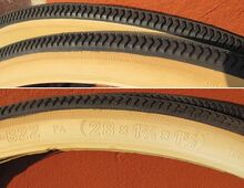 Sportreifen Zeitraum: vermutl. Anfang 1980er Jahre Breite: 1 3/8 (35 mm) Für Laufradgröße: 28" Verwendung: Sporträder Bemerkungen: hier: orange/schwarz, auch in weiß/schwarz bekannt