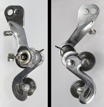 Schaltwerk Nr. 200 Zeitraum: 1965 bis 1967(?) Verwendung: Zubehörteil Material: Stahl (verchromt) Kettenmaß: Standard (1/8") Bemerkungen: Spezialausführung auf Basis der Viergang-Kettenschaltung mit geändertem Befestigungsarm für horizontale Gabelenden, längerer Führungsbüchse und breiter Kettenführung