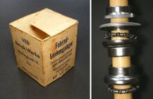 Steuersatz des VEB Renak Zeitraum: hier: 1967 Material: Stahl, verchromt Bemerkungen: Es fehlen unterer Konus und Nasenscheibe.