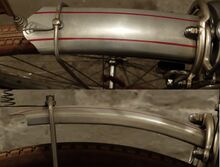 Zeitraum: 1964 bis 1965/66 Verwendung: luxuriös ausgestattete Tourensporträder Material: Alumimiumblech Größen: 26 Zoll Aussparung für Stempelbremse nein Überstand des Vorderrad-Schutzleches: lang, mit Überlaufstrebe Farben/Varianten: Alumimium blank, farbig liniert Profil: ungesickt Bemerkungen: Klemmung der Streben in Aluminiummuffen