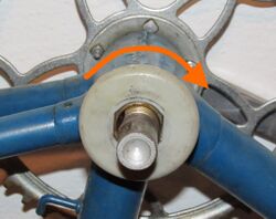 2. Konus lösen Nach Entfernen des Sicherungsrings und der dahinterliegenden Nasenscheibe ist der Blick auf den linken Konus frei. Dieser sitzt relativ lose auf der Welle und kann mit Hilfe der daraufsitzenden Abdeckkappe abgeschraubt werden. Achtung: Der Konus besitzt ein Linksgewinde und muss zum Lösen im Uhrzeigersinn gedreht werden!