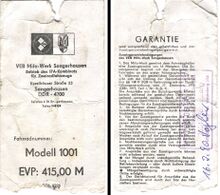 Preischild mit Garantierschein für das Modell 1001, verkauft am 16. Februar 1990.